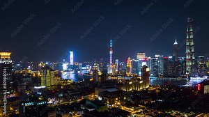 night time illuminated famous shanghai pudong cityscape aerial panorama 4k china