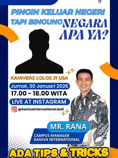 ✈️ Pengen ke luar negeri, tapi bingung pilih negara? 🌍 Di Kaniva International lagi banyak banget program luar negeri: 🇹🇷 Turki | 🇶🇦 Qatar | 🇦🇪 Dubai dan yang lagi hits banget — J1 USA 🇺🇸✨ Masih galau mau training atau kerja ke mana? Yuk cari jawabannya di LIVE INSTAGRAM: KANIVA TALKS 🎤 🗓️ Jumat, 30 Januari 2026 ⏰ 17.00–18.00 WITA 📍 Instagram Kaniva International Bareng Mr. Rana (Campus Manager) tips & tricks eksklusif dari mahasiswa Kaniva yang lolos J1 USA 👀🔥 Jangan sampai kelewa