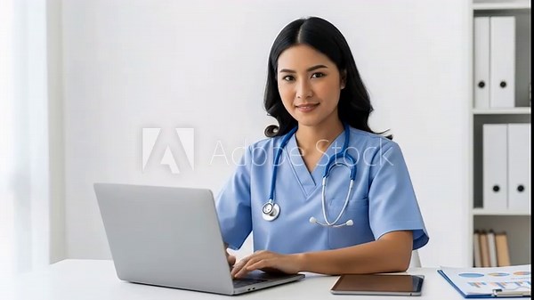 Smiling healthcare worker types on a laptop She wears a stethoscope and scrubs in a clean bright office environment Promoting healthcare solutions