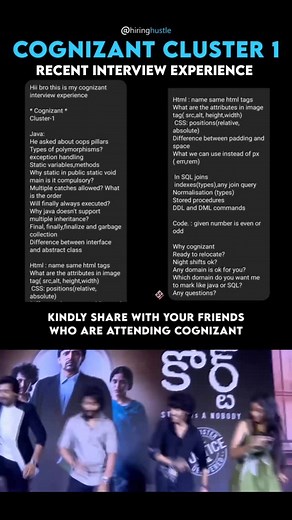 Hiring Hustle | Dev Duo | T&T techies on Instagram: "Cognizant cluster 1 Last batch interview experience Kindly share your interview experiences With hiring hustle"