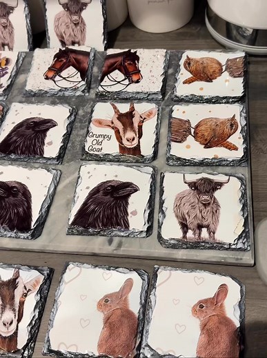 Today I’ve made 108 slate coasters and 17 mugs, slate coasters are available to reserve as there is a limited amount of each design (max 4 each available of most designs) 🩶 | Emmy Turner Illustration