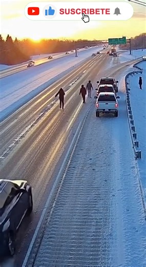 IA Matrix on Instagram: "A shocking high-angle traffic camera captures a dangerous winter morning on an icy highway, where extreme road conditions turn a routine drive into a near-disaster. The static surveillance-style view shows multiple vehicles already stopped safely along the shoulder and near an off-ramp after losing control on the snow-covered asphalt. As traffic cautiously continues in the background, a blue sedan suddenly enters the frame and begins to lose traction. The car slides unco