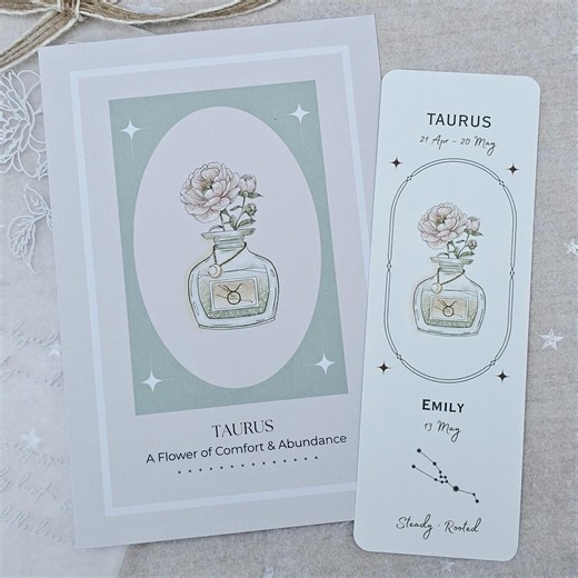 Taurus Birthday Gift Set – Zodiac Birthday Card & Personalised Bookmark | Birth Flower Astrology Gift for Taurus - Etsy
