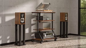 Rfiver 4-Tier AV Media Stand with Wheels, Mobile Rack Audio Tower with Height Adjustable Shelves, Wooden Stereo Racks and Stands, Stereo Stand for Record Player, TV Box, Corner Entertainment Center