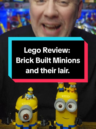 LEGO 75551 review of Brick-Built Minions and Their Lair, a surprisingly clever LEGO Minions set featuring brick-built Minions and Minion minifigures. This LEGO Minions Rise of Gru set includes Stuart as a mandatory build, with the option to build Kevin or Bob as the second large Minion. Both brick-built Minions open up to reveal hidden interior play scenes, and all three Minions feature a rotating eye play function controlled by a knob. A closer look at the Minion minifigures, interior details, 