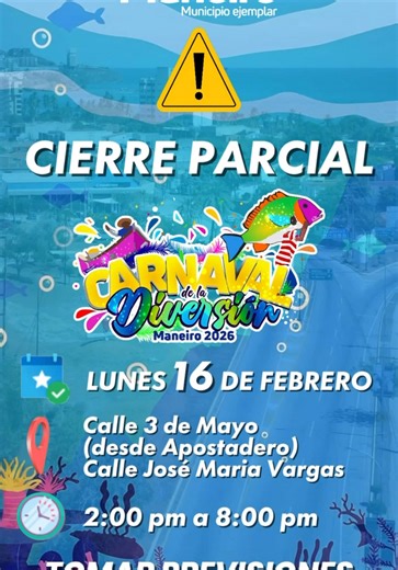 ¡Atención, Maneiro! ⚠️🚗 Cuerpo: Con motivo del Carnaval de la Diversión 2026, hoy lunes 16 de febrero tendremos un cierre parcial de vías en Pampatar. 📍 Zonas afectadas: Calle 3 de Mayo (desde Apostadero) y Calle José María Vargas. ⏰ Horario: De 2:00 pm a 8:00 pm. Te invitamos a usar vías alternas (Calles La Esperanza, Antonio Díaz, Luis Ortega, El Rosal y Las Palmas). ¡Toma tus previsiones y disfruta de la fiesta con orden! ¡EN MANEIRO SE VIVE MEJOR!