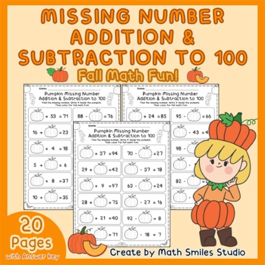 Pumpkin Missing Number Mixed Addition & Subtraction to 100 | Fall Math 2nd Grade