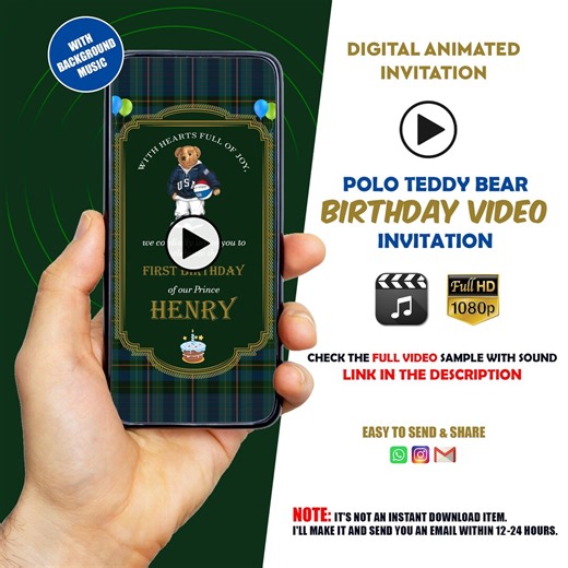 Polo Teddy Bear Birthday Video Invitation : Personalized Ralph Lauren Inspired Party Invite for Kids - Etsy