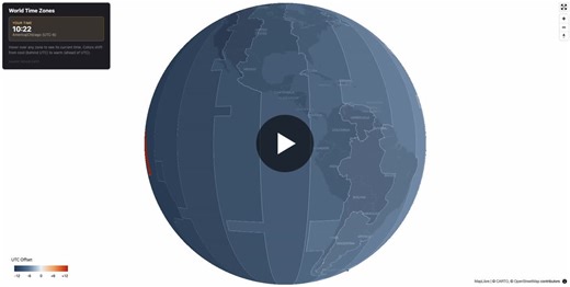 The world s time zones, visualized on an interactive, spinnable globe. Try it out - it ll default to your current time and (approximate) time zone: https://lnkd.in/gk8v5Bj7 | Kyle Walker