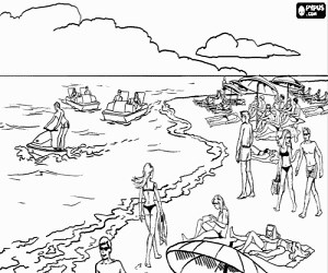 A scene of beach and sea coloring page printable game
