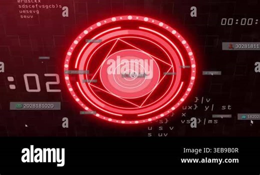 Left counter reaching :00 starting red HUD scanning and locking core target while labels orbiting. Crimson, interface, visualization, concentric, grid, neon, futuristic Stock Video Footage - Alamy