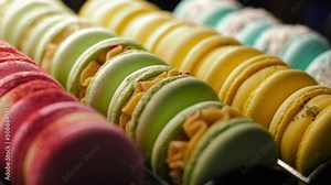 Colorful Sweet French Macaron Cakes in Row on the Cafe Display. Sets of desserts from Almond Dough in the Pastry. Macaroon Dessert In Bakery Shop