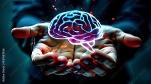 Human Brain Rotating in Hands Depicting the Integration of Mind and Body