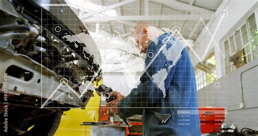 Auto tech positioning grinder on car front, sparking during repair, HUD map line-graph expanding