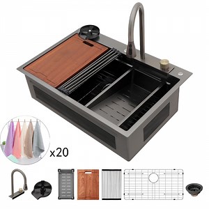 Logmey Stainless Steel Workstation Kitchen Sink 33x22 Drop In Topmount Kitchen Sink Gunmetal Black Watetfall Sink with Faucet Combo, Cup Washer