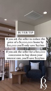 BUYER TIP 🩵 Let’s talk about making the most of your money! One of the best ways my clients are saving is by using seller concessions to reduce their monthly payments—because every dollar counts. Here’s why it works: Scenario 1: $1,000,000 Purchase Price • $20,000 Price Reduction = Only saves you $97/month. Scenario 2: $1,000,000 Purchase Price • $20,000 Seller Concession = Saves you $225/month! Big difference, right? That’s why having a knowledgeable realtor in your corner matters. I’m here to