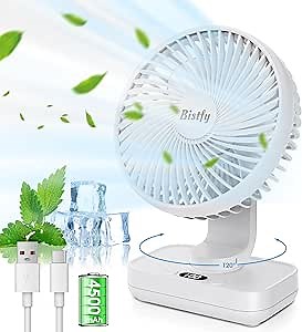 Desk Fan 5.5'' Small Fan Ultra-Silent, 120° Oscillating, 90° Adjustable Head Tilt, with Digital Display 4 Speed Portable USB Rechargeable Table Fan Ideal for Home, Bedroom, Office (White)