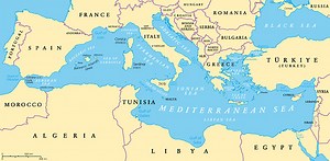 The Mediterranean Sea, political map with subdivisions, straits,...