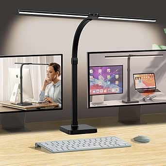 LED Desk Lamp for Home Office, Double Head 24W with Base, Architect Light 5 Lighting Brightness Flexible Gooseneck Table Reading Study, Black