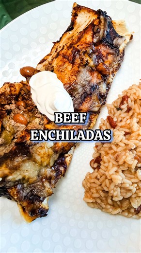Another easy weeknight or make ahead dinner idea for your feed ✨ BEEF ENCHILADAS INGREDIENTS: • 15oz Red Enchilada Sauce • 1 Tbsp olive oil • 1 small onion, diced • 4 cloves garlic, minced • 1.5-2 lb ground beef, I used 85% • 1 tsp ground cumin • 1 can of pinto beans, 15oz drained & rinsed • 1 can diced green chiles, 4oz • salt & pepper, to taste • 8 large flour tortillas • 3 cups Mexican-blend shredded cheese DIRECTIONS: 1. Heat olive oil in a large skillet over medium high heat. Add onion and 