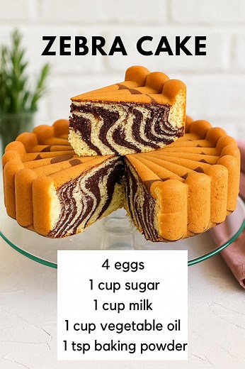 Zebra Cake (Ingredients) Ingredients: • 4 large eggs • 1 cup white sugar • 1 cup milk (any halal-certified milk or plant-based milk) • 1 cup vegetable oil (sunflower or corn oil) • 2 cups all-purpose flour • 2 tbsp cocoa powder (halal-certified, unsweetened) • 1 tsp baking powder • 1 tsp vanilla powder or extract (alcohol-free) • A pinch of salt Instructions: 1. Preheat the oven to 180°C (350°F). Grease and line a round baking pan. 2. In a bowl, beat eggs and sugar until light and fluffy. 3. Add