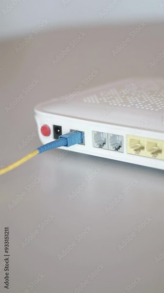 Router for internet. Plugging a network cable into a wifi router for home lan. Fiber optic network