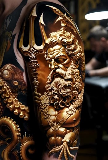 Crazy poseidon in gold! #fyp #tattoo #viralvideo