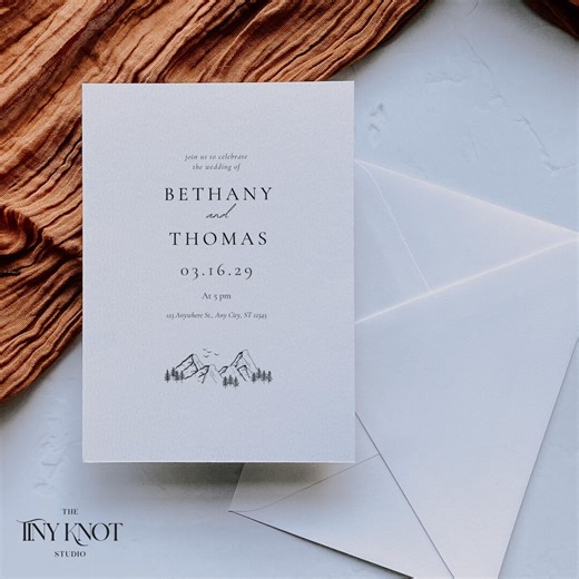 Minimalist Mountain Wedding Invitation, Forest Wedding Template, Woodland Pine Wedding Invitation, Printable Wedding Invite, Canva Template - Etsy