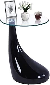 Glass End Table, Round Side Table Sofa Table with FRP Base for Living Room Home Office (Black)