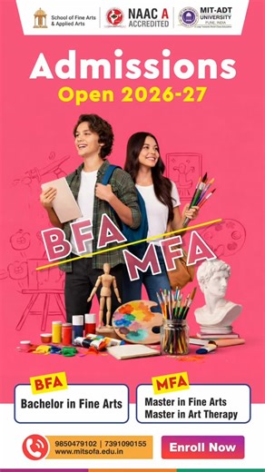 🎨 Admissions Open 2026–27 ✨ Turn your passion into a profession with MIT-ADT University – School of Fine Arts & Applied Arts 🌟 Whether you dream of mastering techniques or shaping creative futures, your journey starts here. 🖌️ Programs Offered: 🎓 BFA – Bachelor in Fine Arts 🎓 MFA – Master in Fine Arts 🎓 MFA – Art Therapy 🏛️ NAAC ‘A’ Accredited | MIT-ADT University, Pune Create. Express. Transform. 📞 9850479102 | 7391090155 🌐 www.mitsofa.edu.in 👉 Enroll Now & paint your future with purp