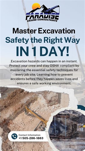 Master Safety: Trenching & Excavation in Just 1 Day! Become a Competent Person on trenching and excavation sites! Learn to identify hazards, evaluate soil, implement protective systems, and ensure safe work practices through hands-on and classroom training. 📍 Albuquerque, NM | 📞 505-286-1883 Elevate your safety skills—enroll today! #ParadiseCraneConsultant #TrenchingSafety #CompetentPerson #OSHATraining #ConstructionSafety #CraneOperatorTraining #CraneSafety #MobileCrane #HeavyEquipment #Heavy