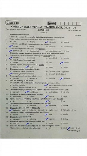 12th STD English Half yearly Exam 2025 one mark answers