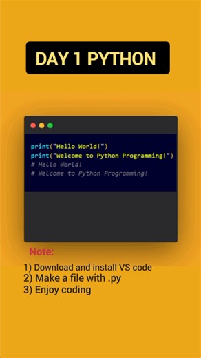 🚀 Day 1 of Python Programming! 🐍 Python for Beginners 👩‍💻💻 In this video, we dive into the essentials of Basic Python. You'll learn how to write your very first Python code, including the classic “Hello, world!” program. Perfect for anyone looking to start their journey in programming. Join us, and let’s code together! #programming #python #coding #tiktok #pakistan #viral #codewithbismillah #coding #programming #apnacollege #innvoai #code #pythons #tech #technology #innovation