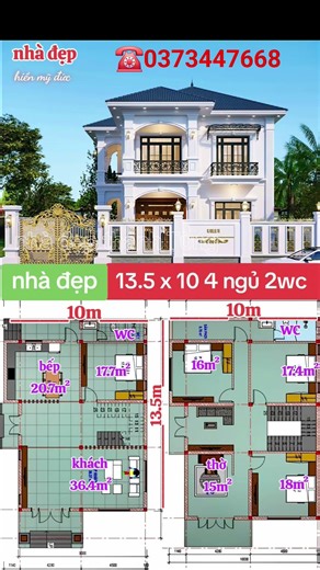 biệt thự nhà vườn mái nhật hai tầng phong cách tân cổ điển 13.5 x 12 4 ngủ 2wc khách bếp thờ t2