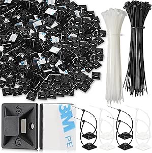 MotiMind 300 Set 3/4" Zip Tie Adhesive Mounts Self Adhesive Cable Tie Base Holders with Multi Purpose Tie Clips with Screw Hole, Stick Wire Holder with White and Black for Cable Management