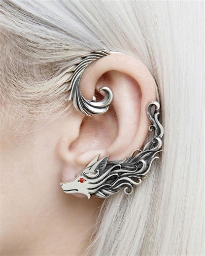 Wolf Ear Cuff Sterling Silver Fox Spirit Earring With Red Gemstone Eyes - Etsy