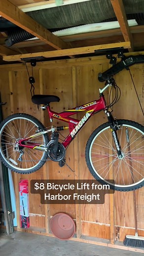 Quickly and easily lift your bike for storage with this $8 Bicycle Lift from #HarborFreight. Comes with 46 ft. of nylon rope and all mounting hardware. #bicycle #bike