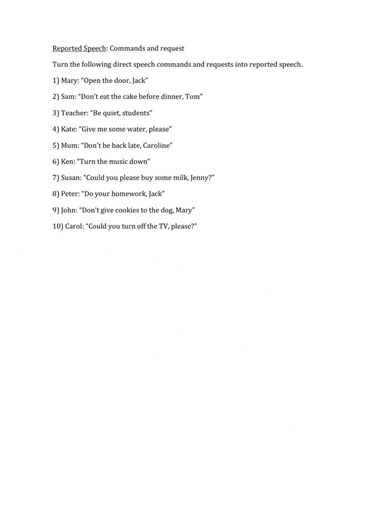 Reported speech commands and requests worksheet