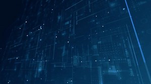 Motion graphic of Blue data matrix simulation digital line and grid perspective technology with futuristic HUD screen abstract background and vertical video concept