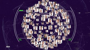 Animation of data processing and scope scanning over globe and diverse business people icons. Global business and digital interface concept digitally generated video.