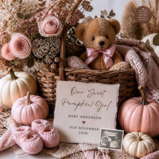 Baby Girl Announcement Template, Fall Pregnancy Announcement, Autumn Baby Reveal, Editable Canva Template, Pink Pumpkin Baby - Etsy