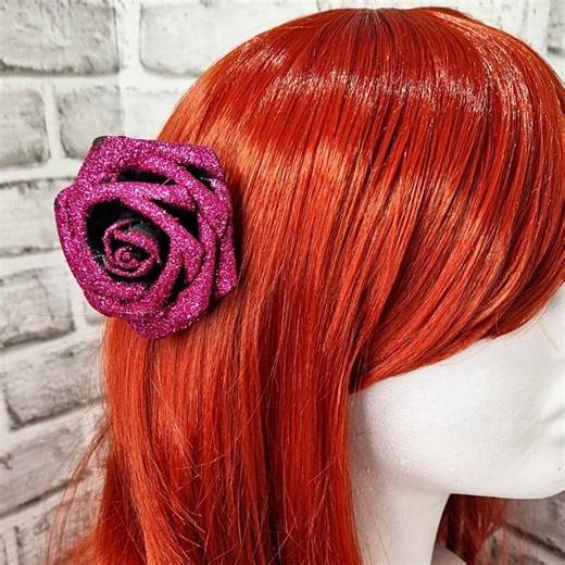 Black Rose With Pink Glitter Hair Flower Clip Sparkle Floral Accessory Pin-up Wedding Fascinator - Etsy
