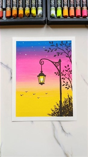 🏮 Easy Sunset Street Lamp Scenery | Oil Pastel Drawing #landscape #sunset #scenery #shorts