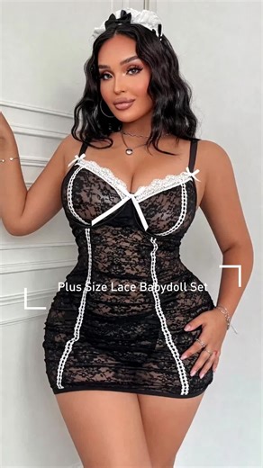 Plus Size Women's Lingerie 2 Piece Set, Sexy Lace Babydoll & G-String With Large Bow - Open Back Bridal Chemise Nightwear, Soft Clubwear For Women, Valentine's Lingerie Christmas Gift For Her, Soft Comfy Lingerie