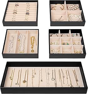 ProCase Jewelry Organizer Jewelry Tray Jewelry Drawer Inserts, Set of 5 Stackable Jewelry Drawer Dividers Container Necklace Display Trays Storage Box for Dresser Earring Rings Bracelet - Black