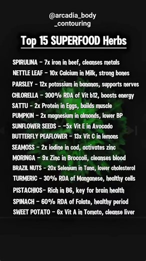 Unlock the power of superfood herbs! 🌿✨ Discover the top 15 herbs packed with essential nutrients, from spirulina to sweet potato. Boost your health naturally! #superfoodherbs #healthyliving #nutrition #arcadia_body_countouring | Arcadia Body Contouring