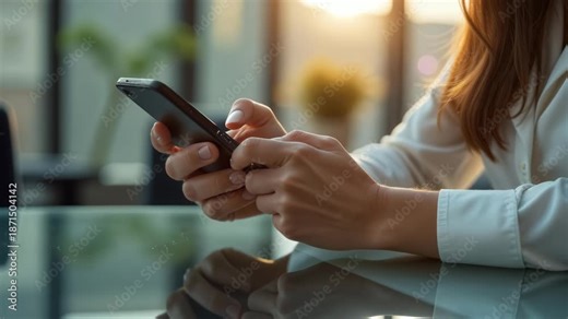 Woman using cell phone while sitting at table. Concept of modern technology and importance of staying connected in today's world. Female manager focus on smartphone and checking messages