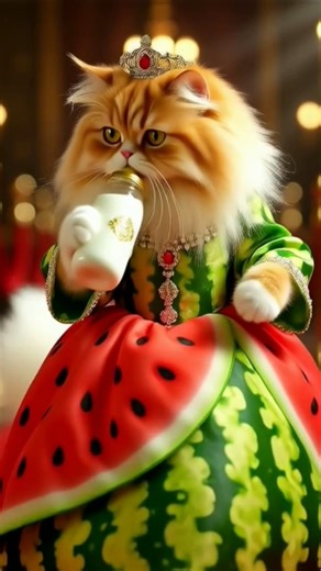 The princess cat drinking milk with watermelon 🍉 costume