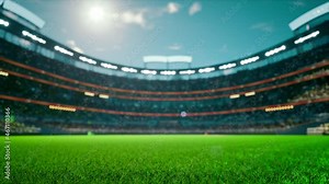 empty stadium arena with animated fans crowd in the sunny day lights. waving flags around. High quality 4k footage render