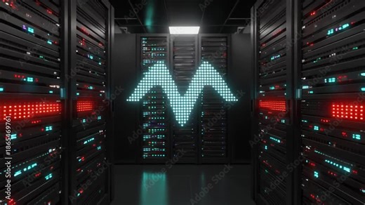 A futuristic server room with rows of data racks and a glowing pixelated 'M' symbol in the center, representing advanced technology and digital infrastructure.